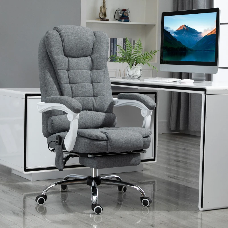 Vinsetto Poltrona da Ufficio con Telecomando e 6 Punti di Massaggio, in Tessuto Effetto Lino, 67x79x111-121 cm, Grigio