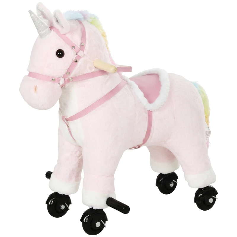 AIYAPLAY Cheval à Monter pour Enfant, Cheval à Roulettes en Peluche avec Effets Sonores, pour 1 à 3 Ans, Charge Max. 40kg, Rose