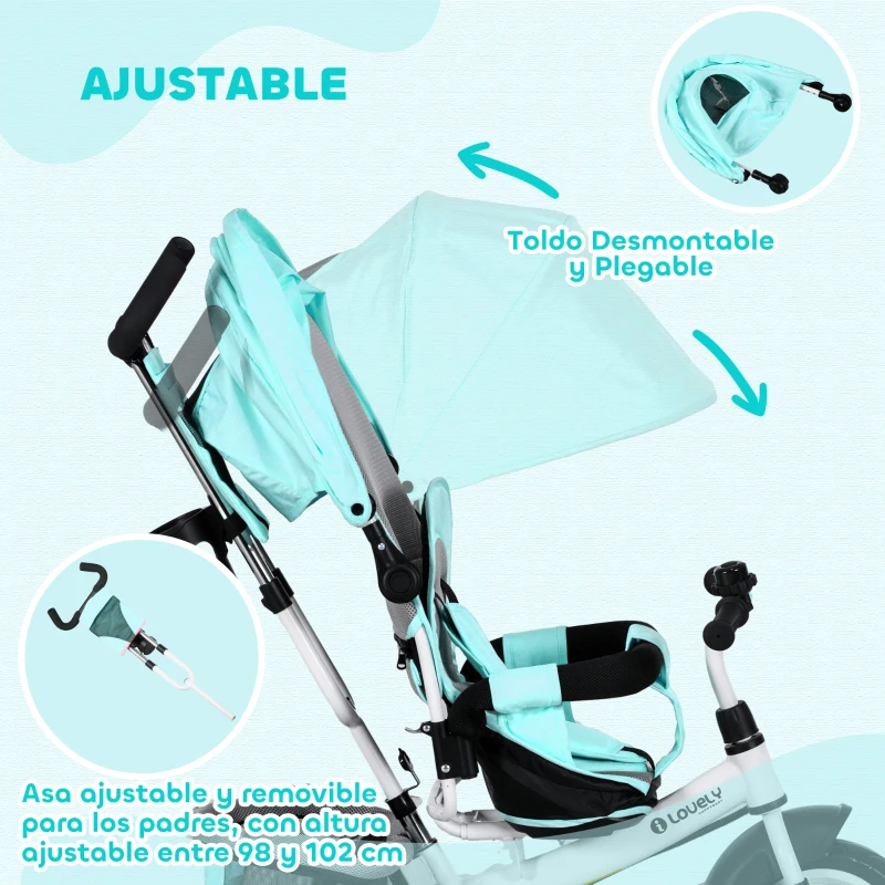 HOMCOM Triciclo para Bebés +12 Meses con Mango de Empuje Telescópico y Desmontable Bolso para Mamá y Portabotellas Verde Mint