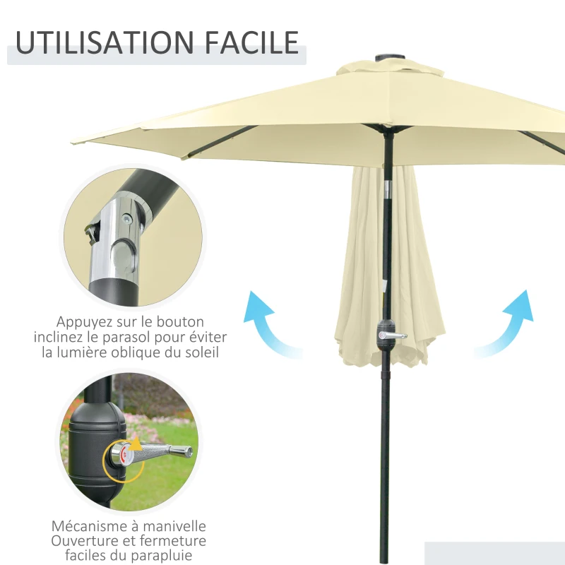 Outsunny Parasol de Jardin Extérieur Rond Ø 265 cm, Lumières LED Solaires, Manivelle Inclinable, Mât en Acier, 8 Baleines, Beige