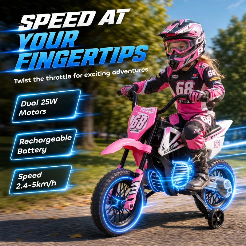 AIYAPLAY Kids Electric Motorcycle, 12V Ride On Motorbike with Training Wheels, Soft Start, Suspension, Music for 3–6 Years, Pink