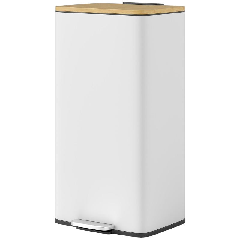 HOMCOM Poubelle de Cuisine 20L, Poubelle avec Pédale, Couvercle en Bambou à Fermeture Douce, Seau Intérieur Amovible, Blanc