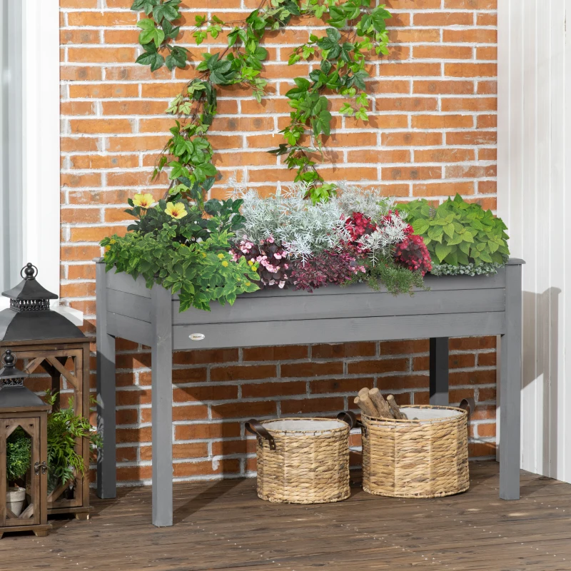 Outsunny Raised Bed for Garden, Wooden Elevated Planter Box with Bed Liner, for Flower Vegetable Herb, Dark Grey