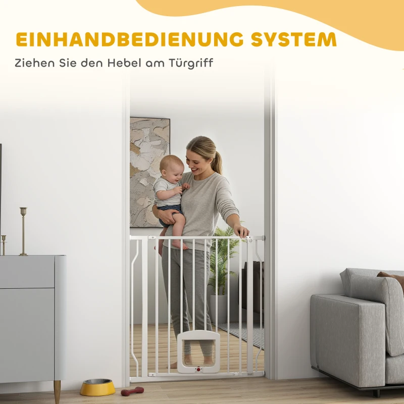 PawHut Treppenschutzgitter Türschutzgitter mit Katzenklappe ohne Bohren 75-85 cm aus Stahl für Hunde, Treppen, Tür, Weiß