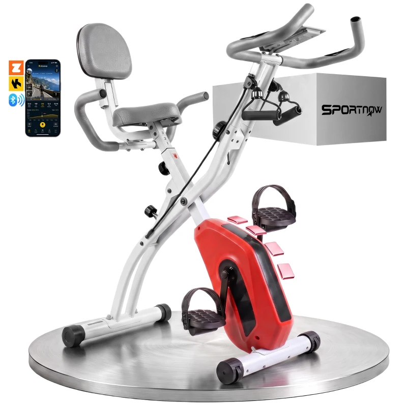 SPORTNOW 4-In-1 Folding Exercise Bike with Resistance Bands, Bluetooth App, 8-Level Magnetic Resistance, LCD Display, Orange