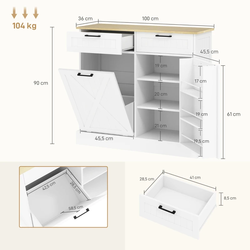 HOMCOM Buffet cuisine avec meuble poubelle 38L, meuble cuisine rangement, 2 tiroirs, étagère à épices et plan de travail, blanc