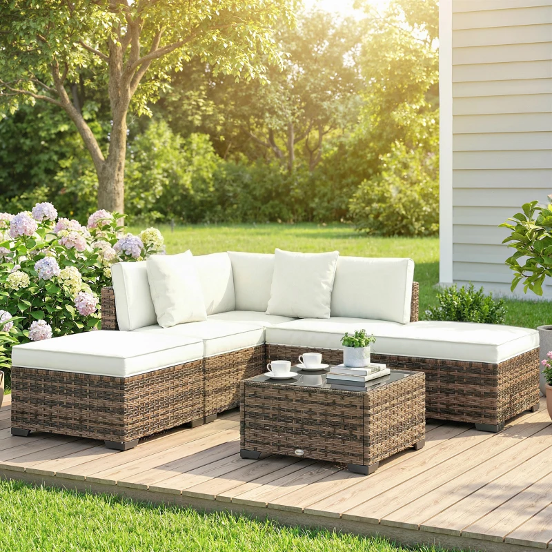 Outsunny Salon de jardin extérieur d'angle 5 places en résine tressée, canapés, repose-pieds, table basse et coussins, crème