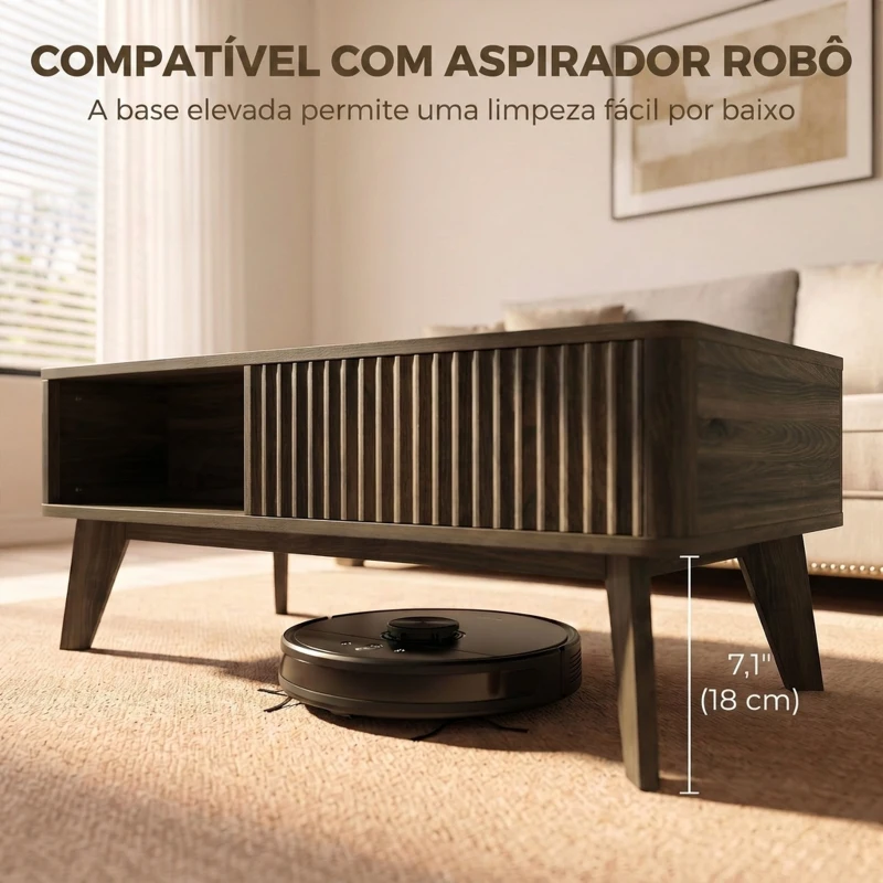 HOMCOM Mesa de Centro Elevatória com Compartimento Oculto e Prateleiras Abertas 100x48x41-56 cm Nogueira