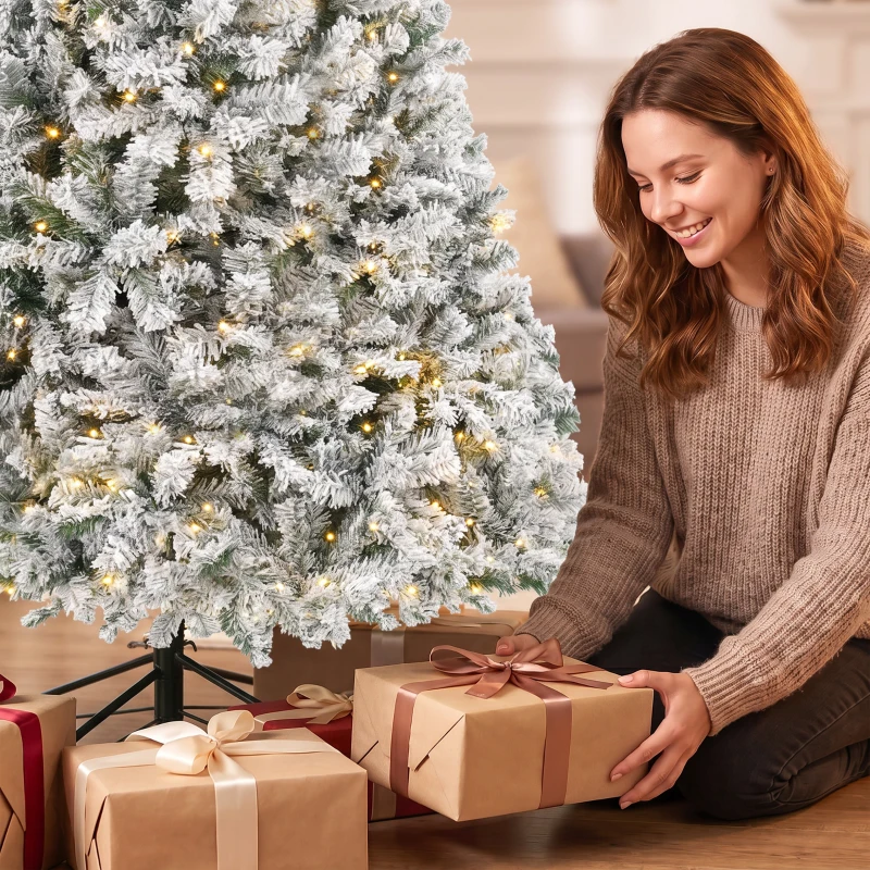 HOMCOM Árbol de Navidad Nevado con 240 Luces LED Blanco Cálido 200 cm 850 Ramas Ignífugas Abatibles Base Metálica Plegable