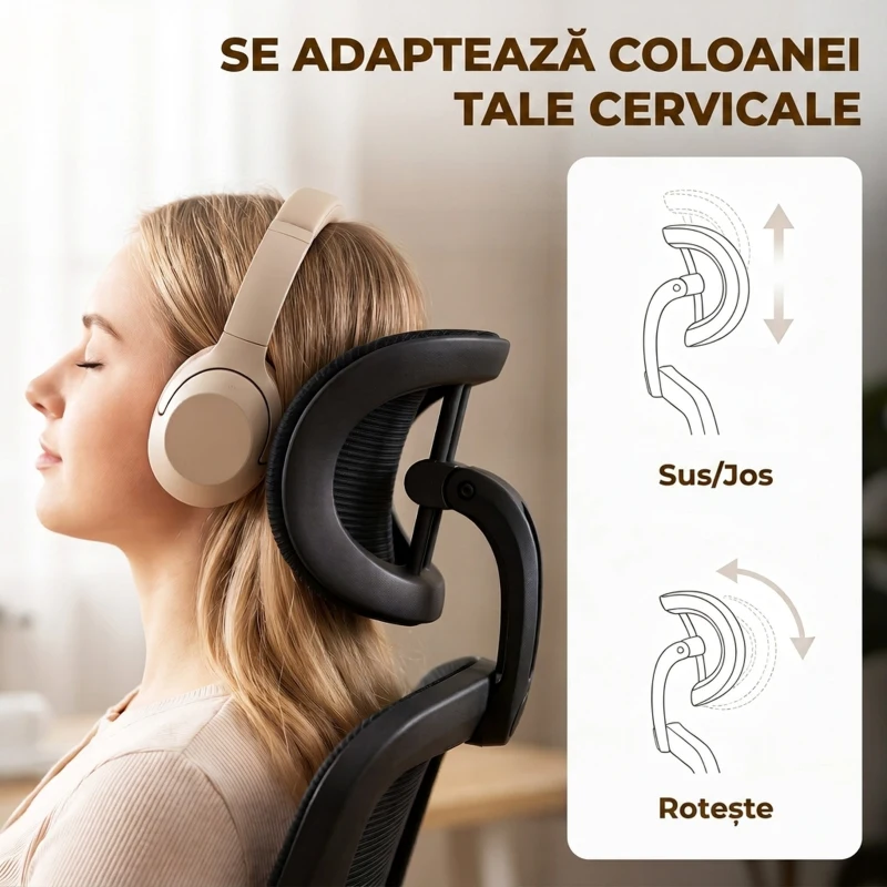 HOMCOM Scaun de birou ergonomic din plasă, cu tetieră reglabilă, negru