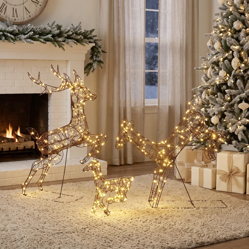 Outsunny 3-częściowy podświetlany zestaw reniferów, dekoracja świąteczna na zewnątrz z 200 ciepłobiałymi diodami LED, 8 trybów, timer dzienny