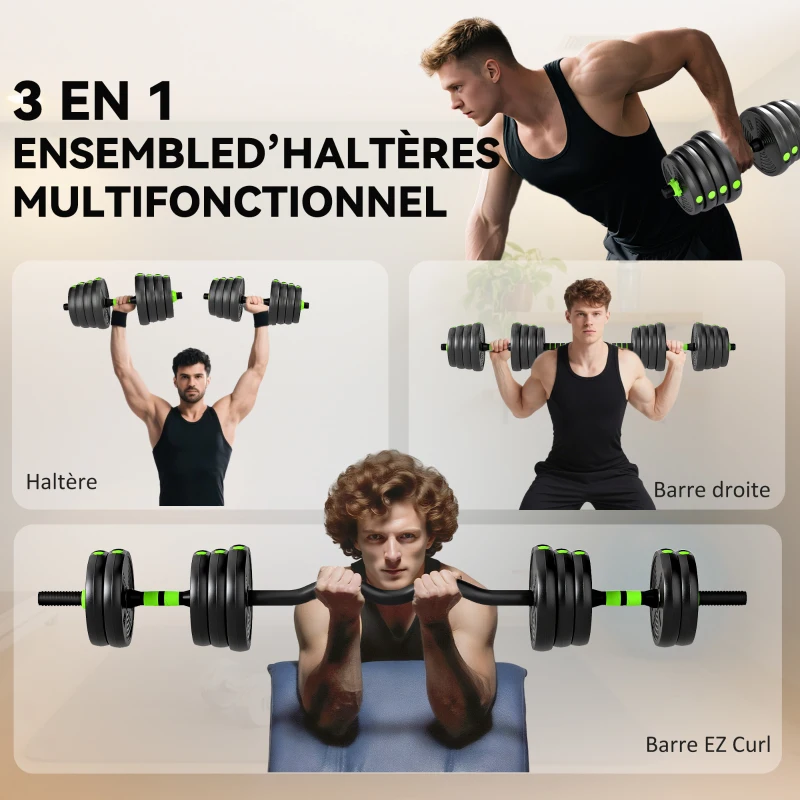 SPORTNOW Kit haltères musculation haltères réglables 30 kg 3 en 1, ensemble de poids réglable avec barre d'extension noir