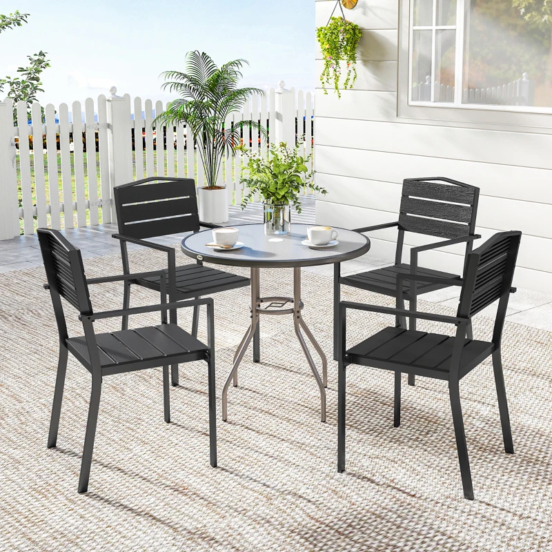 Outsunny Lot de 4 Chaises de Jardin Empilables HDPE Effet Bois avec Accoudoirs Résistant aux Intempéries 52x51x90cm Noir