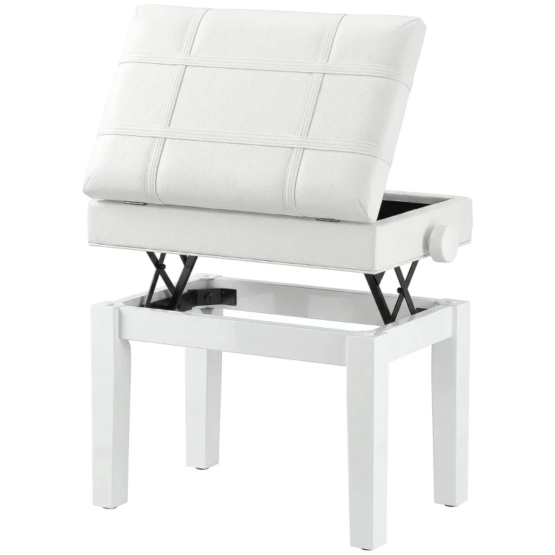 HOMCOM Banquette tabouret siège pour piano coffre intégré hauteur réglable bois hévéa assise revêtement synthétique blanc