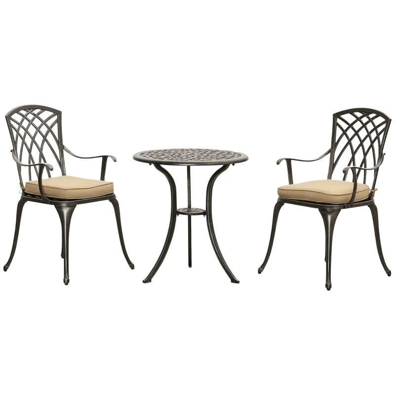 Outsunny 3 Piece Cast Aluminium Garden Bistro Set for 2 with Parasol Hole, Outdoor Coffee Table Set Rust Resistant with Cushions - Bronze