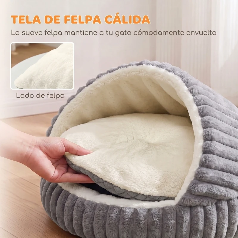 PawHut Cama para Gatos Cueva para Gatitos con Base Antideslizante y Cojín Lavable para Interior 50x50x32 cm Gris