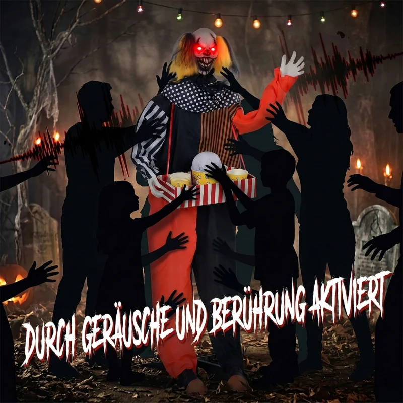 HOMCOM Animowany klaun z popcornem na Halloween z wyskakującą głową, strasznymi dźwiękami, muzyką jarmarczną i świecącymi oczami