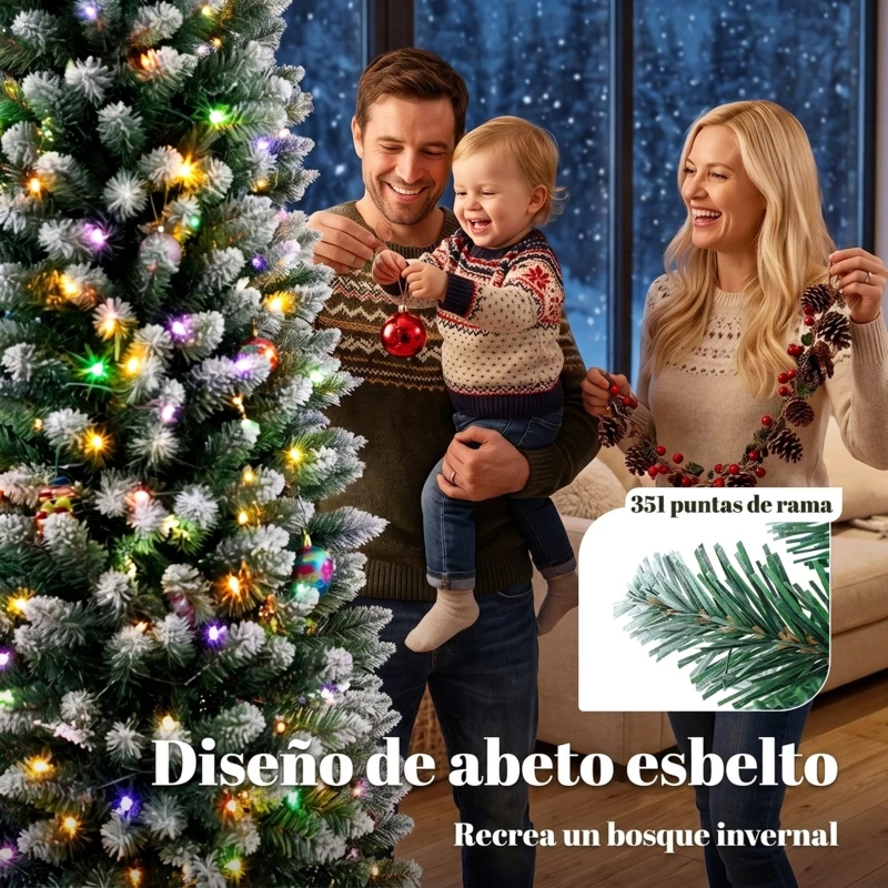 HOMCOM Árbol de Navidad Estrecho Nevado con 170 Luces LED Bicolor 180 cm 351 Ramas Ignífugo 11 Modos Mando a Distancia Verde