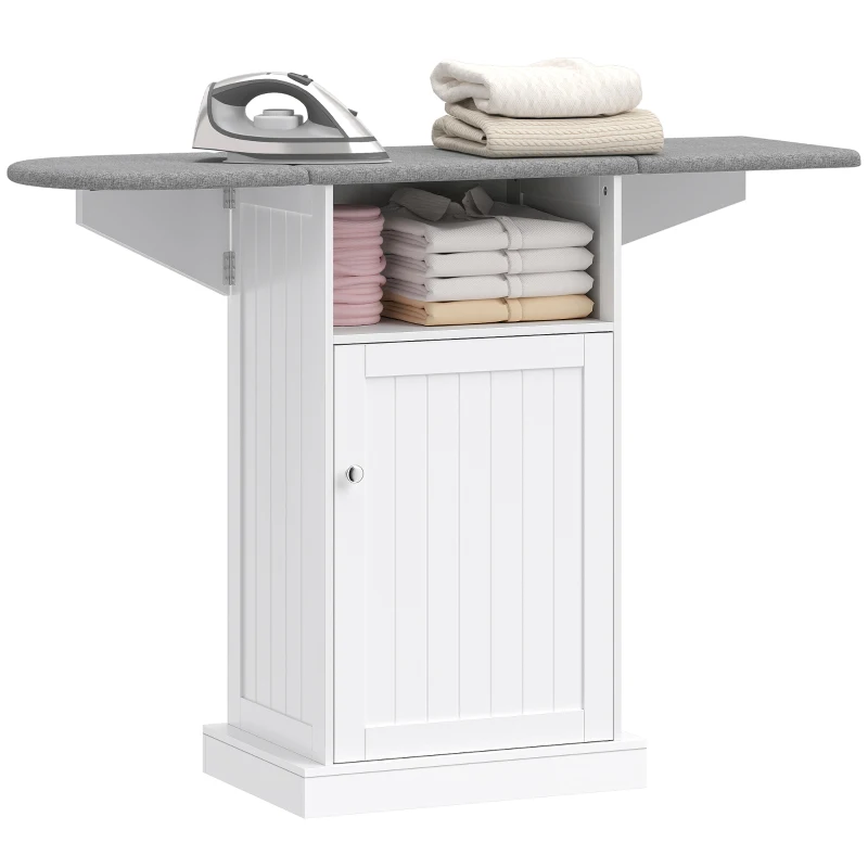 HOMCOM Dulap Compact cu Masă de Călcat Pliabilă pe Roți cu Raft Deschis și Dulap, 121x37x89 cm, Alb și Gri