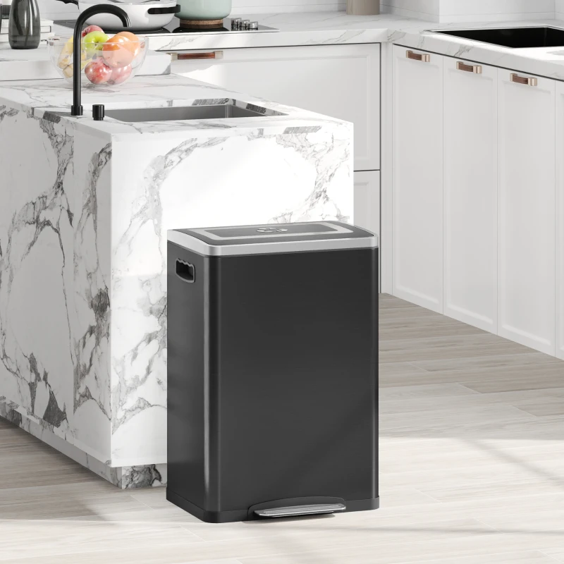 HOMCOM Coș de Gunoi cu 2 Secțiuni de 20L cu Capac Silențios, din Oțel Inoxidabil și PP, 40x34.8x59 cm, Negru