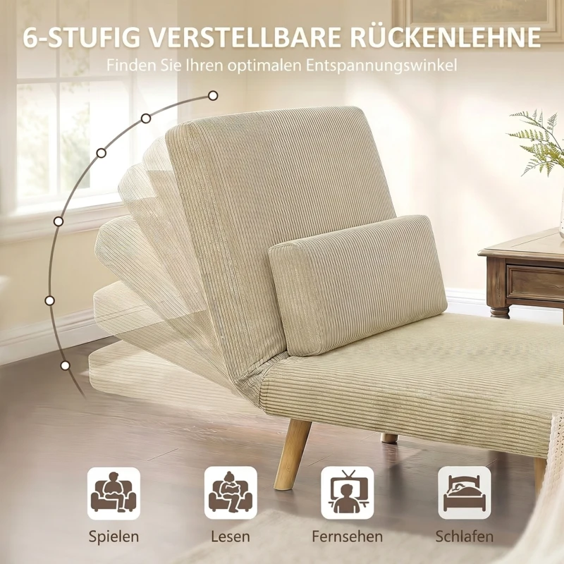 HOMCOM Schlafsessel 3-in-1, ausklappbarer Sessel aus Cord mit Schlaffunktion verstellbare Rückenlehne, Kissen, Beige