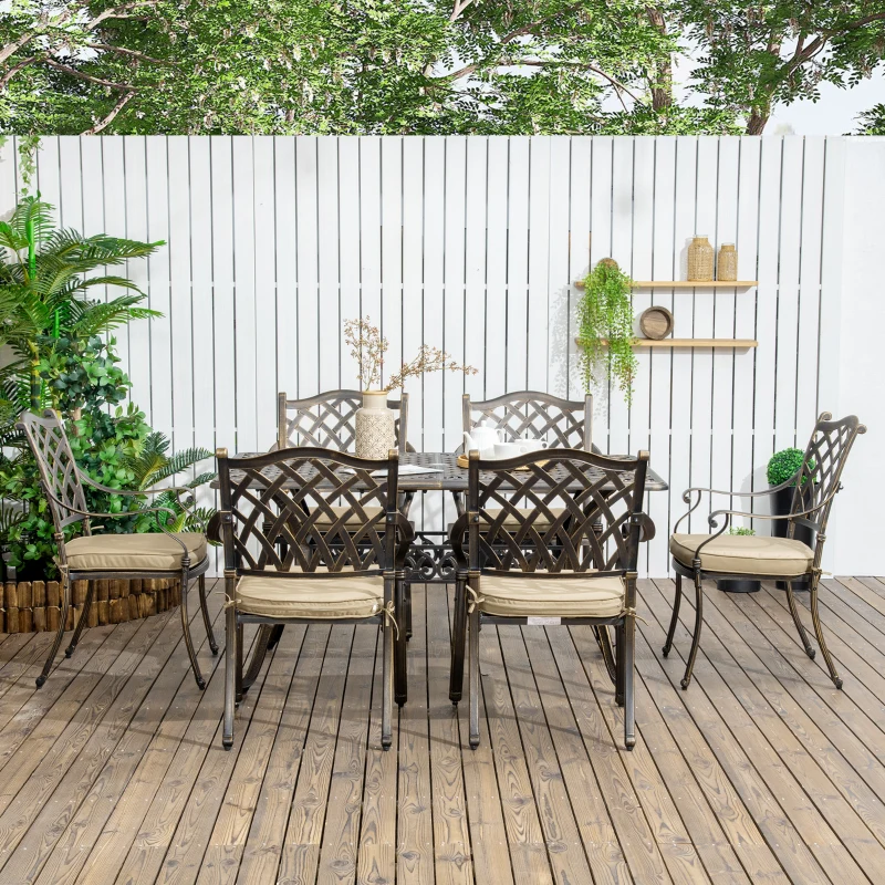 Outsunny 7 PCs Garden Patio Dining Set - Includes Cast Aluminium Outdoor Furniture with Parasol Hole, Six Cushioned Chairs, and Rectangle Dining Table for Garden, Lawn, Deck in Bronze Tone