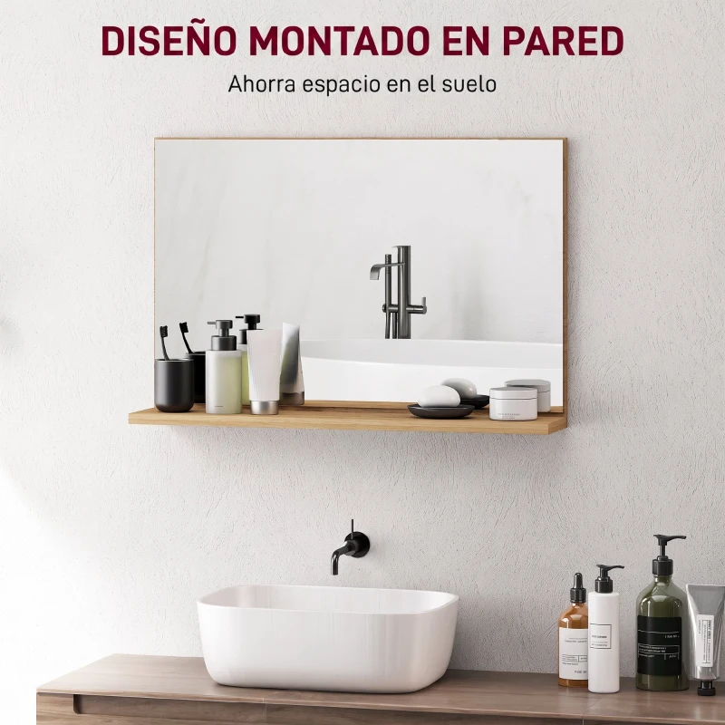 kleankin Espejo de Baño de Pared con Estante Abierto Estilo Moderno para Entrada Pasillo 60x12x40 cm Madera Natural