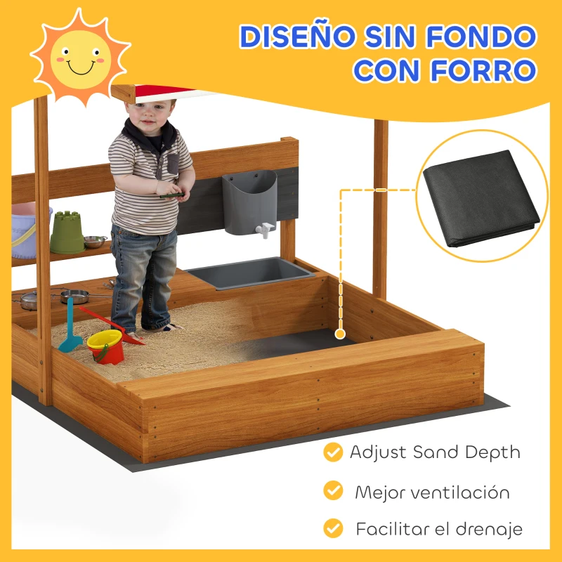 Outsunny Arenero de Madera para Niños con Techo Regulable con Juguetes de Cocina Juego para Niños 3-7 Años 114x110x110 cm Marrón
