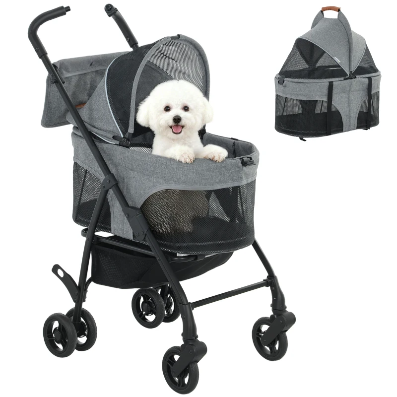 PawHut Poussette pour Chien Pousse-Chien 3 en 1 Détachable Pliable Nacelle Amovible et Sans Fermeture Éclair Suspension Gris