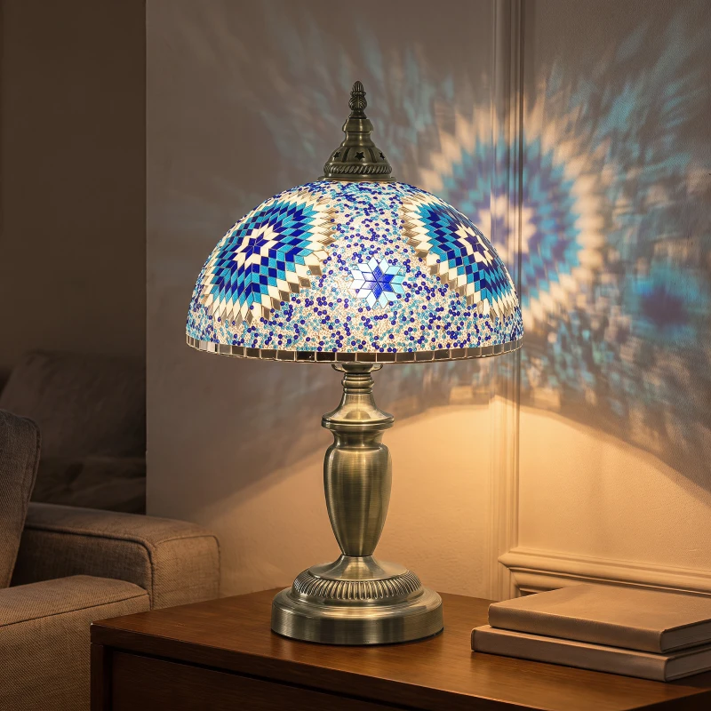HOMCOM Tiffany Lamp, Stained Glass Bedside Table Lamp with Button Switch and Metal Base, 12 x 12 x 20 Inches, Blue