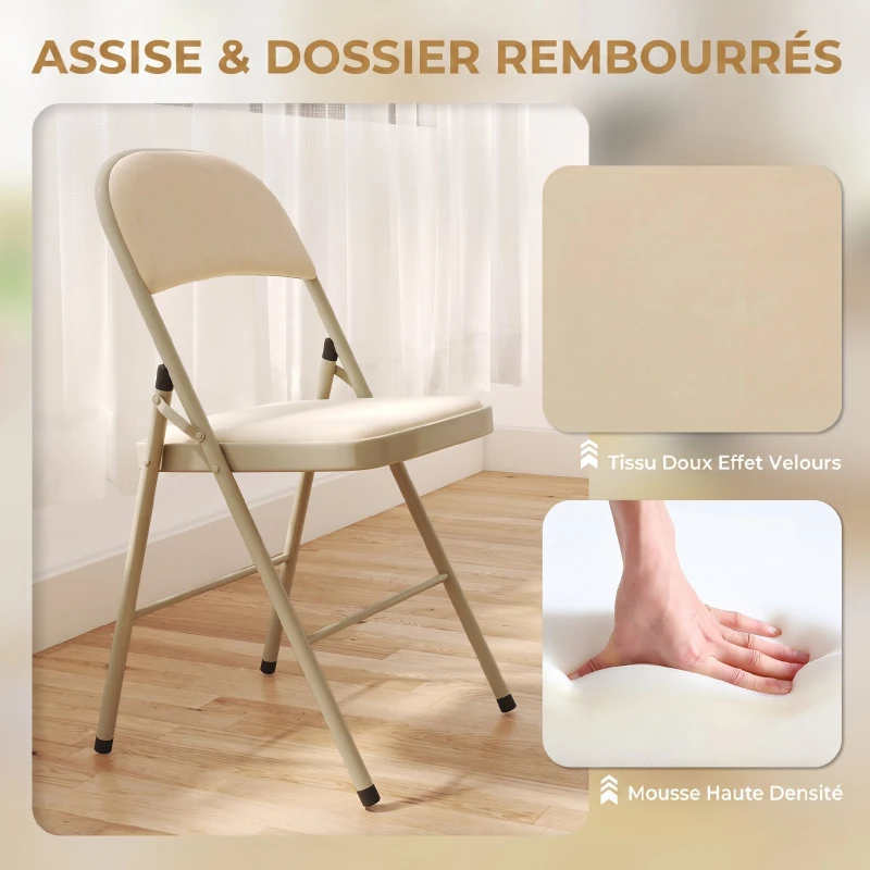 HOMCOM Lot de 4 chaises pliantes et portables intérieur avec assises et dossiers rembourrés en velours, cadre en acier, beige