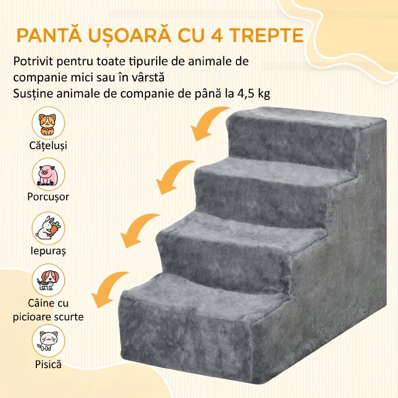 PawHut Scară portabilă pentru câini cu 4 trepte, din material catifelat detașabil și placaj, 60x35x44 cm, gri