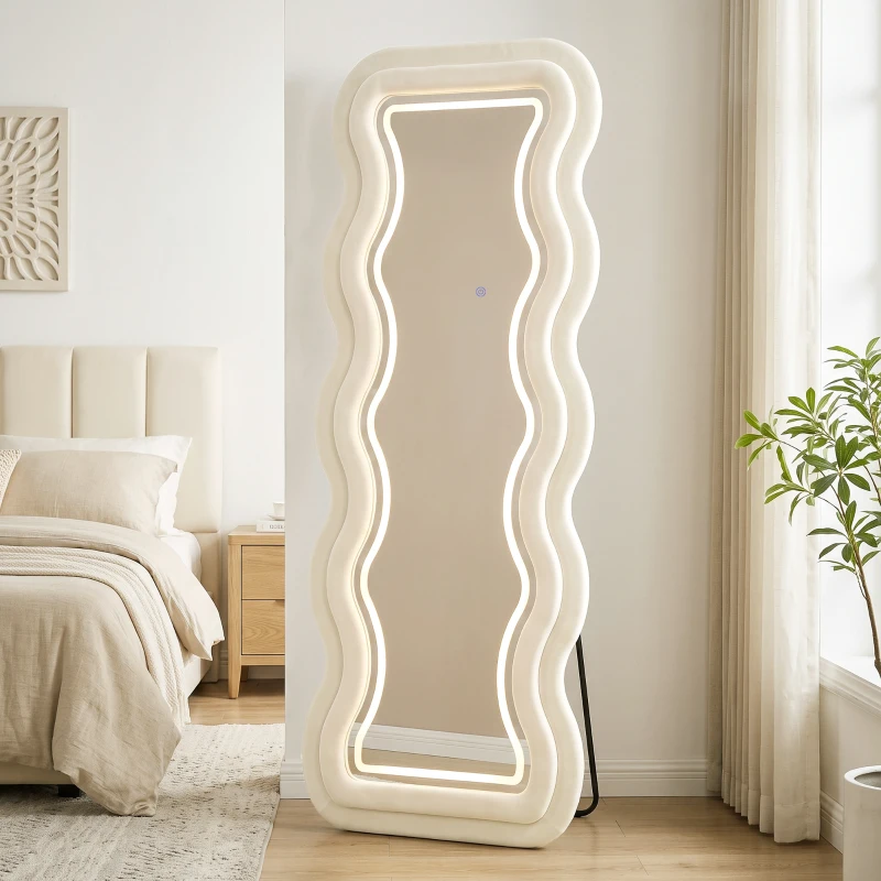 HOMCOM Full Length Mirror, 160 x 60 cm Wavy Full Body Wall Standing Mirror with Velvet Frame and LED Light Strip, Cream White