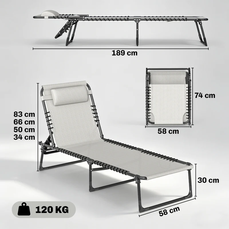 Outsunny Tumbona Plegable, Tumbona Jardín Exterior Reclinable 4 Posiciones con Reposacabezas y Marco de Acero, Carga 120 kg, para Terraza, Piscina, Playa, 189x58x30 cm, Crema