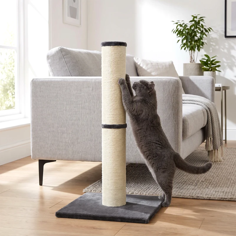 PawHut Tiragraffi per Gatti Alto 80 cm con Corda in Sisal e Base in Truciolato e Peluche, Grigio Scuro