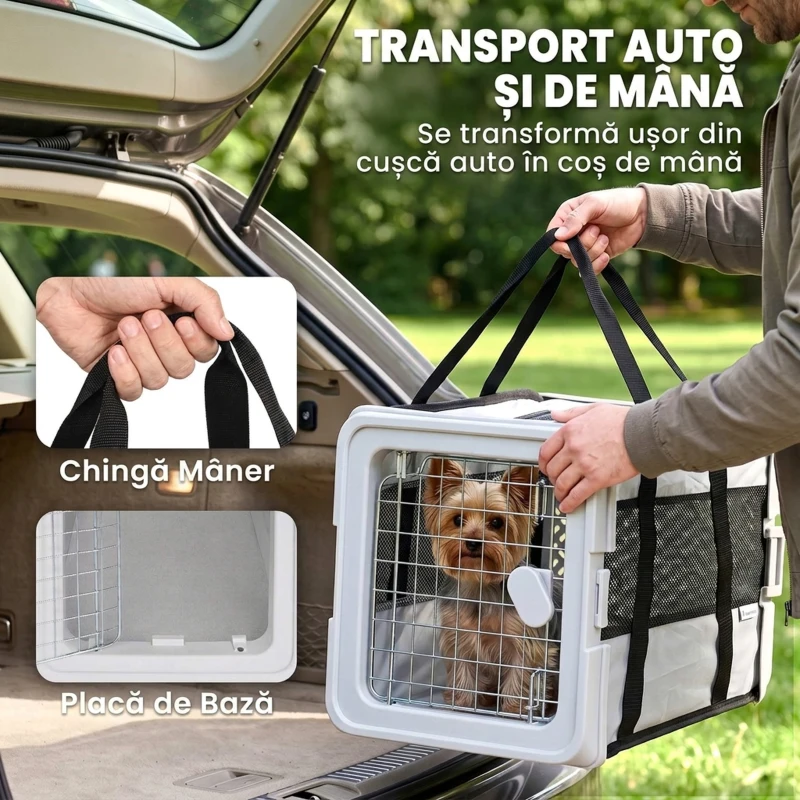 PawHut Geantă de Transport Moale Pliabilă pentru Câini de Talie Mică și Pisici, cu Bază Rigidă și Ferestre din Plasă, 49,5x34x35,5 cm, Gri
