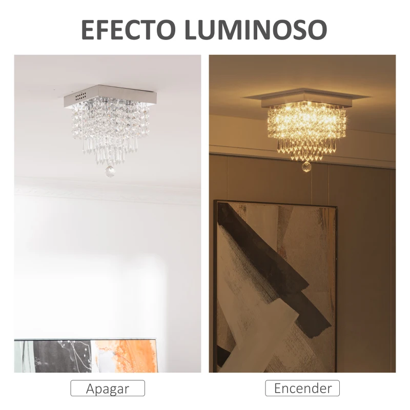HOMCOM Lámpara de Techo de Cristal K9 Moderna con 4 Casquillos G9 de 40W y Base de Acero Inoxidable Lámpara de Araña para Comedor Dormitorio Salón Ø25x29 cm Plata