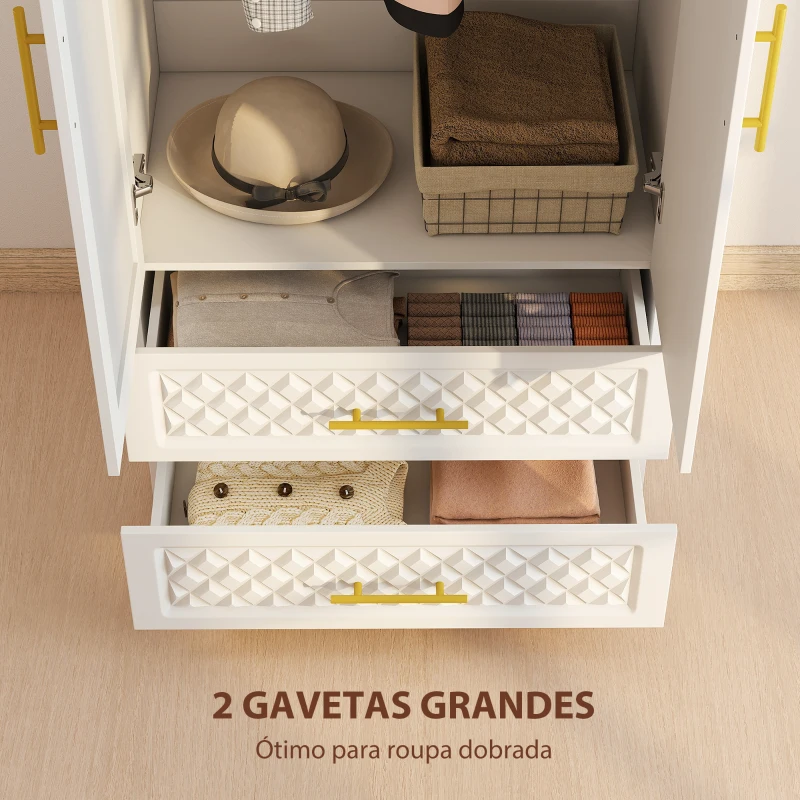 HOMCOM Roupeiro com Espelho 2 Portas e 2 Gavetas Relevo de Diamante Barra para Pendurar Estilo Moderno 80x50x180 cm Branco