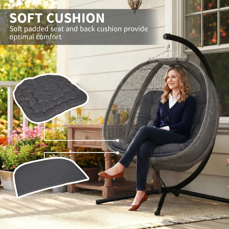Outsunny Double Hanging Egg Chair 2 Seaters Texteline Swing Hammock Chair with Stand, Cushion and Folding Design, for Indoor and Outdoor, Grey