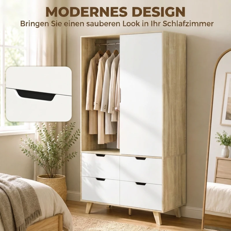 HOMCOM Moderne kledingkast met schuifdeuren, kledingroede, verstelbare planken en 4 laden, eiken/wit