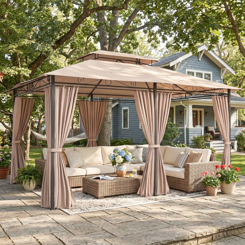 Outsunny Cenador para Jardín 3x4 m Pabellón de Jardín Gazebo con Doble Techo 6 Paredes Laterales Estructura Metálica Caqui