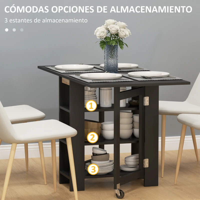 HOMCOM Mesa de Cocina Plegable con Alas Abatibles 2 Ruedas y Estantes Estilo Moderno 120x60x75 cm Negro