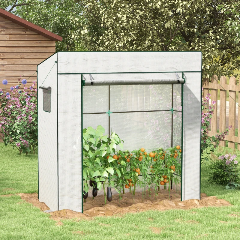 Outsunny Serre de jardin murale adossée avec 1 porte enroulable, bâche PE renforcée, 2 fenêtres, dim. 196L x 77l x 197/178H cm