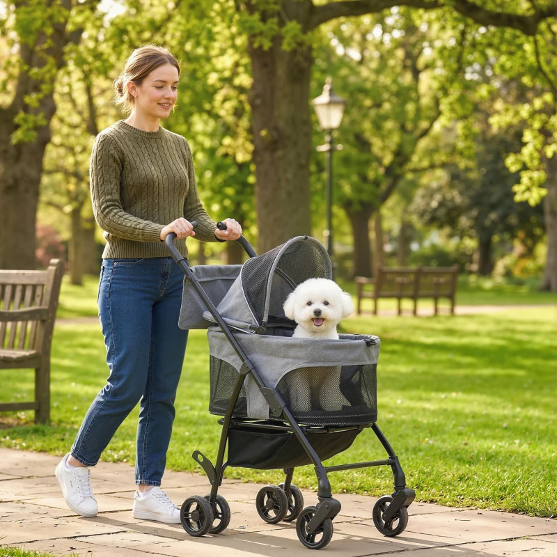 PawHut Poussette pour Chien Pousse-Chien 3 en 1 Détachable Pliable Nacelle Amovible et Sans Fermeture Éclair Suspension Gris