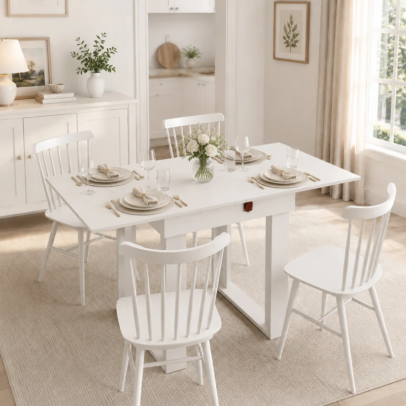 HOMCOM Folding Dining Table Under-Table Storage Extendable Kitchen Table Steel Rail White