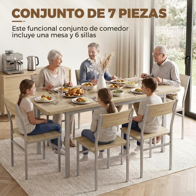 HOMCOM Conjunto Mesa de Comedor Extensible 120-160 cm y 6 Sillas Apilables para 4-6 Personas Efecto Roble