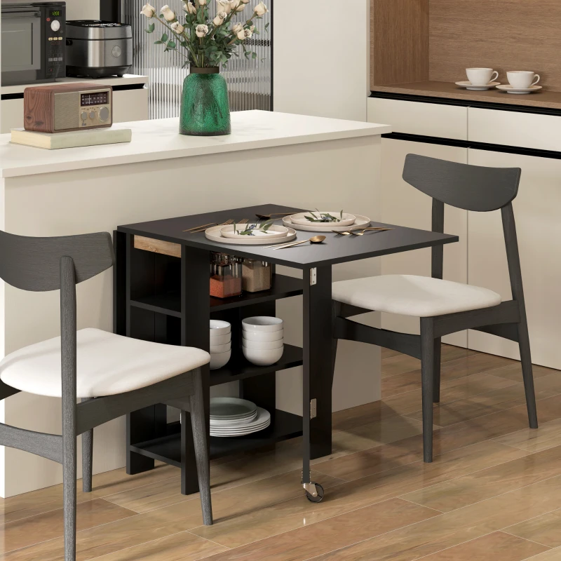 HOMCOM Mesa de Cocina Plegable con Alas Abatibles 2 Ruedas y Estantes Estilo Moderno 120x60x75 cm Negro