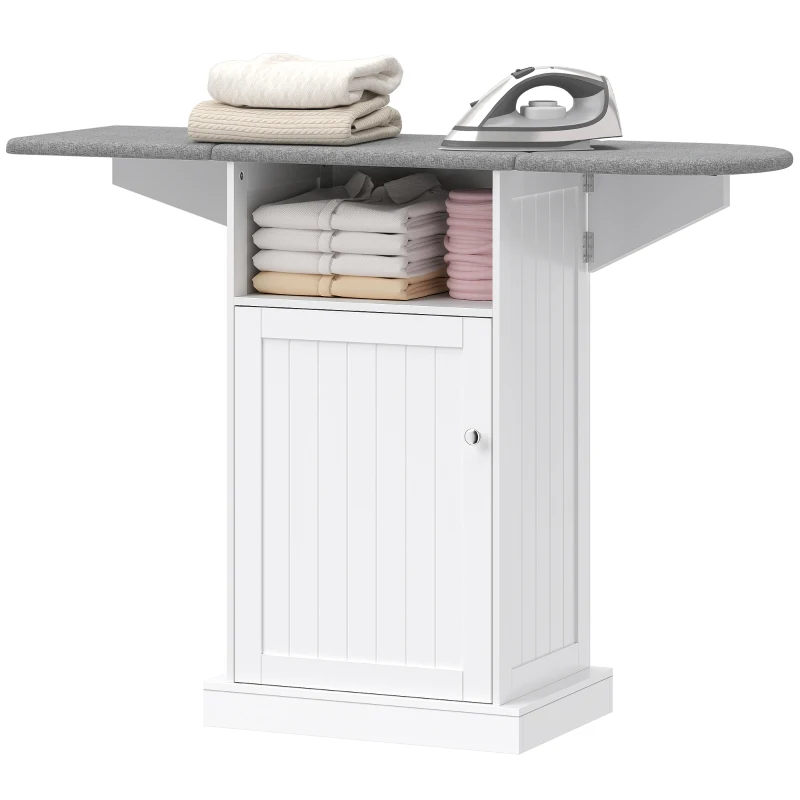 HOMCOM Dulap Compact cu Masă de Călcat Pliabilă pe Roți cu Raft Deschis și Dulap, 121x37x89 cm, Alb și Gri