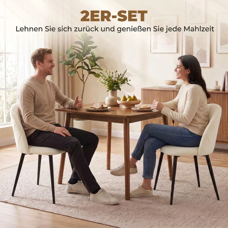 HOMCOM 2er-Set Esszimmerstühle Akzentstühle Küchenstühle, Retrodesign, Samtoptik, 52 cm x 55 cm x 79 cm, Cremeweiß