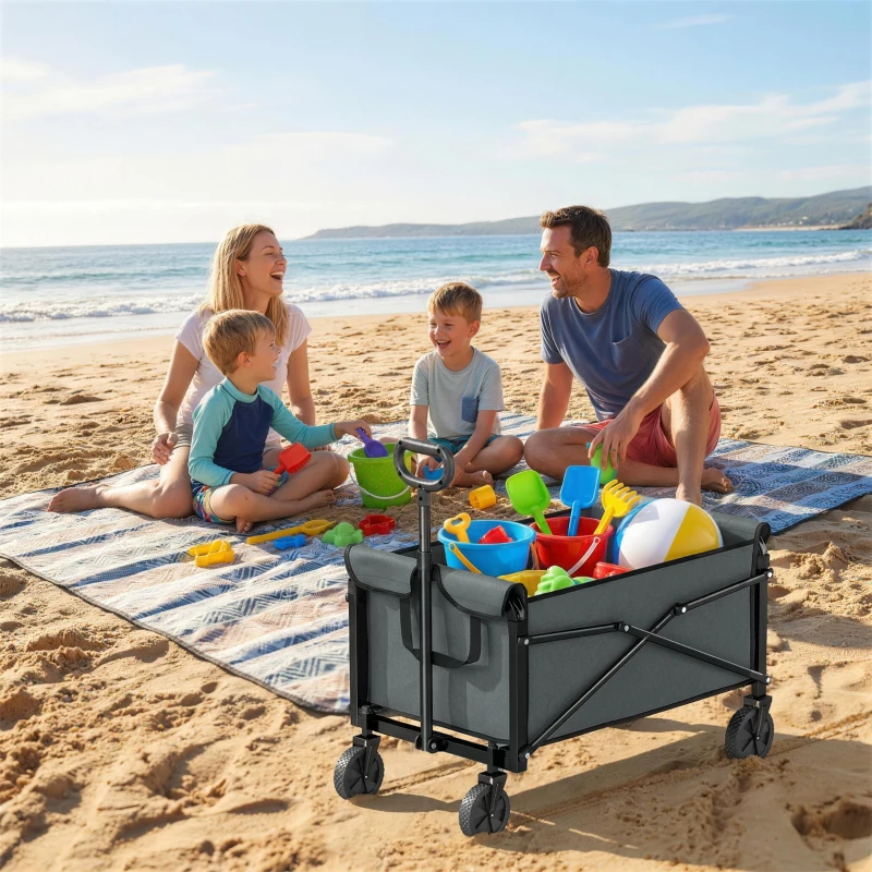 Outsunny 81L Festival Trolley on Wheels, Compact Garden Folding Trolley Cart with Adjustable Handle 80L, Grey